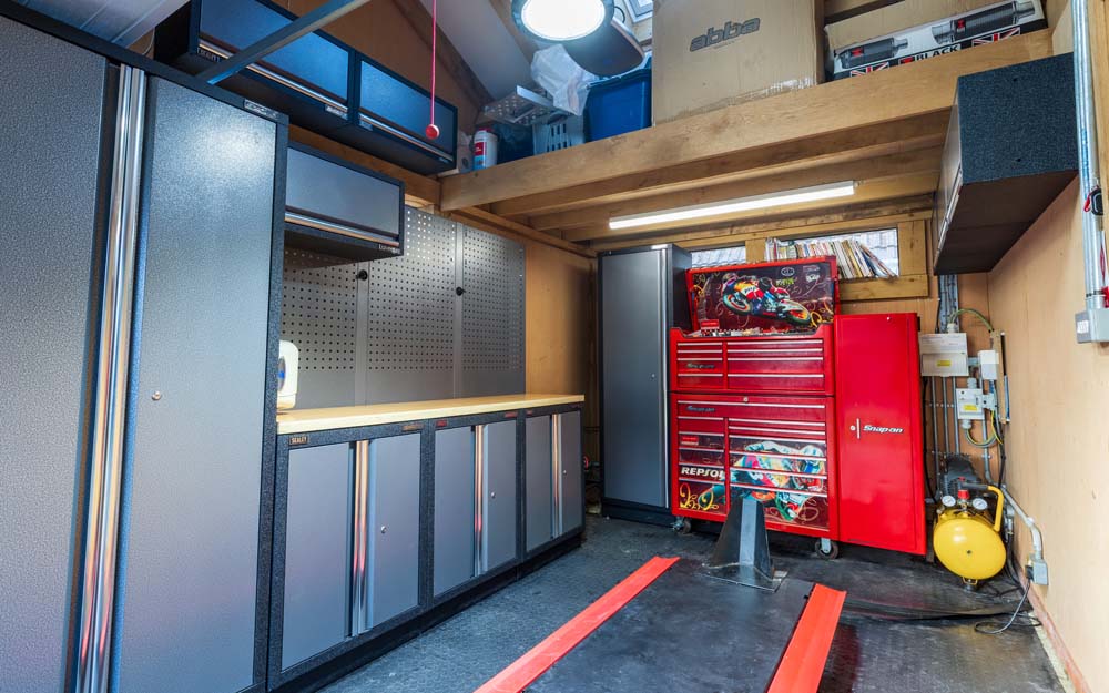 Inside of a garage with storage 