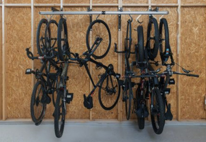 Wall Mounted Bike Storage System Kit for 4 bikes, 4 Hooks, 1 Rail, 2 Wall Brackets