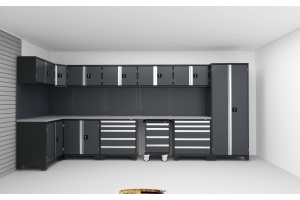 inside of a gaage with flooring and storage