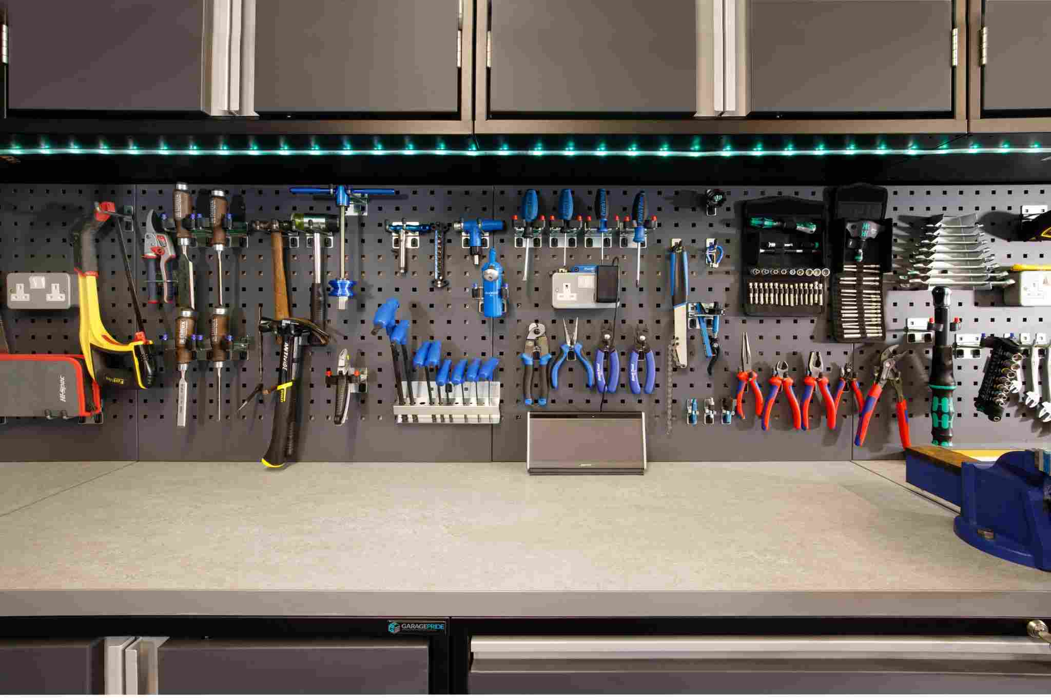 LED battens lighting a GaragePride workbench area