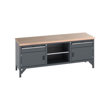 A grey storage bench two drawers and a wooden top, providing stylish storage for your workshop.