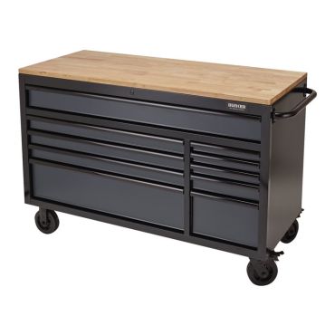 A black tool cabinet with drawers and a wooden top, providing storage space for tools and a sturdy work surface.