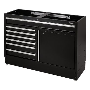 The tool cabinet is black and has several drawers, as well as a strong metal construction in black.