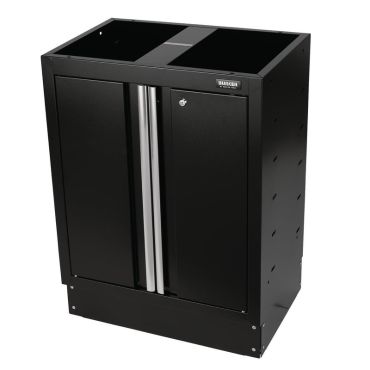 A black cabinet with a drawer and a door, providing storage space and a sleek design.