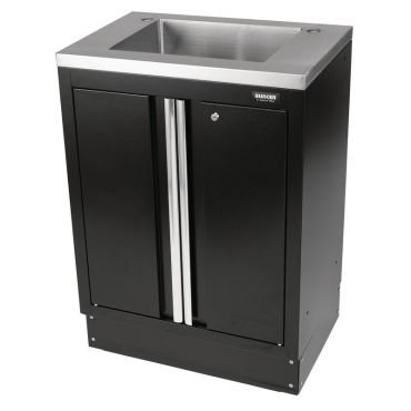 A black cabinet with two doors and a sink, providing a functional and stylish storage solution for any workshop