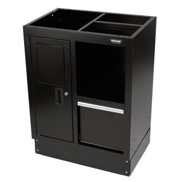 A black cabinet with a drawer and a door, providing storage space and a sleek design.