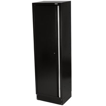 A black metal cabinet with an open door, revealing its contents.