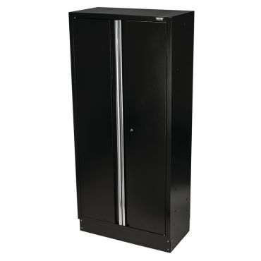 A black metal cabinet with two doors, providing storage space and a sleek design.