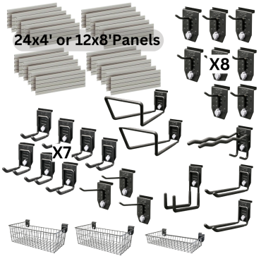 Twenty gym slatwall storage panels with lots of hooks and baskets