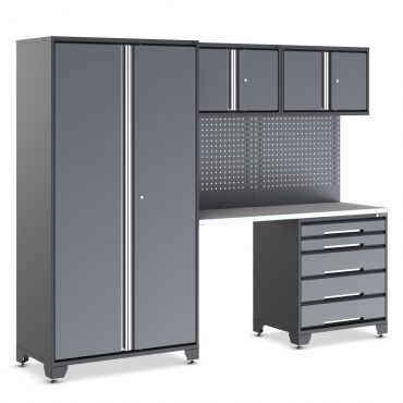 EVOline garage cabinet set in black and grey with drawers and seating gap.