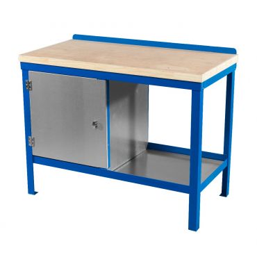 A strong heavy duty workbench with wooden worktop. Frame in blue.