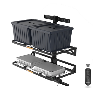 Motorised lift shelving with two bins and a hose. Higher, safer storage solution for garages, offices, or businesses. Ideal for wheelchair users.