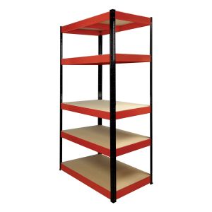 A sturdy red and black shelving unit with four shelves. Easy to assemble using a heavy duty boltless system. BOSS shelves with a perfect finish. 250Kg Load Capacity, 1800Hx900Wx400Dmm.