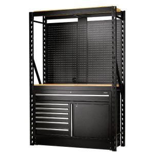 Draper Bunker 28005 14 Pieces Modular Storage Combo 2 Tier Racking with Hardwood Shelving, Pegboards and Floor Cabinet, 1500mm