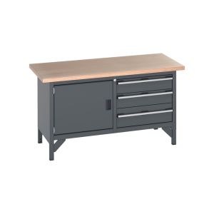 A grey metal workbench with two drawers, perfect for organizing tools and materials efficiently.