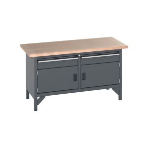 A grey metal workbench with two drawers, perfect for organizing tools and materials efficiently.
