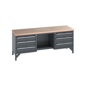A grey workbench with drawers and a wooden top, perfect for organizing tools and completing projects efficiently.