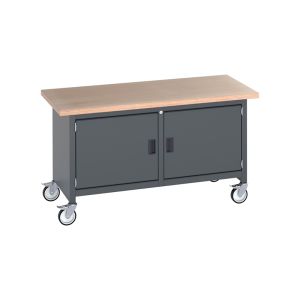 A mobile grey metal workbench with two doors and wheels, perfect for easy transportation and storage.