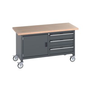 A grey workbench with two drawers and wheels, perfect for organizing tools and easily moving around.