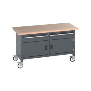 A grey workbench with two drawers and wheels, perfect for organizing tools and easily moving around.
