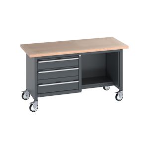 A black work bench with two drawers and wheels, perfect for organizing tools and easily moving around.