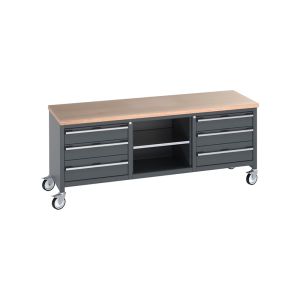 A black and grey workbench with drawers, provides a sturdy and organized space for various tasks.