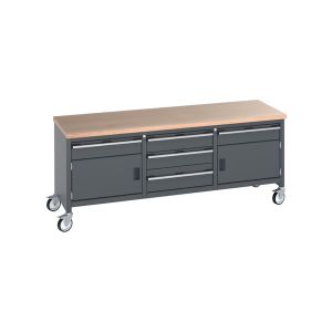 A grey workbench with two drawers and wheels, suitable for various tasks and easy mobility.