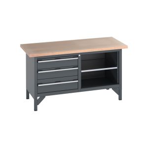 A black workbench with two drawers and a shelf, provides ample storage and workspace for various tasks.
