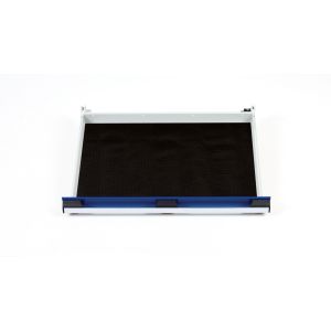 A metal tray with a blue handle on a white surface, accompanied by rubber inlay mats for tool protection and drawer organization.