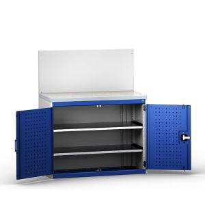A blue cabinet with two shelves and a white shelf. Free-standing assembly with various width options for filling available space.