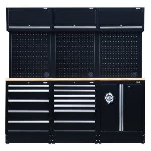 A black workbench with multiple drawers for storage and organization.