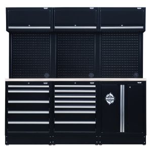 A black workbench with multiple drawers for storage and organization.