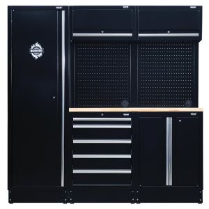 A black workbench with multiple drawers for storage and organization.