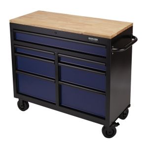 A tool cart with black and blue color scheme, featuring multiple drawers for storage.