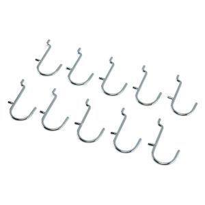 A set of six durable steel J-hooks on a white background. Perfect for organizing tools on back panels or pegboards in your garage or workshop.