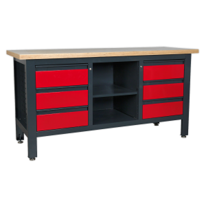 A black and red workbench with drawers, featuring a heavy-duty metal frame and a 40mm MDF work surface. Dimensions: 1690 x 600 x 865mm.