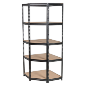 A black metal shelving unit with 4 shelves. Fully painted steel frame, 5 MDF shelves. Space-saving corner design, easy assembly, 750kg capacity.