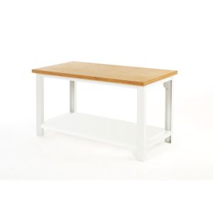 A white work bench with a wooden top. Bott Cubio, strong and robust with optional cabinets and drawers. Up to 800kg capacity, 10-year guarantee.