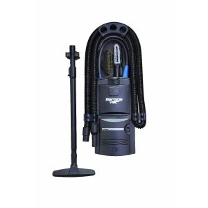 A black vacuum cleaner with hose and brush. Wall-mounted, 1300 watt twin fan motor, 12m stretch hose, 6-year warranty. UK three pin plug.