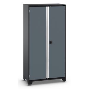 Attractive, durable black and grey industrial powder coating. Silver grey powder coating on pull handle. Rotational locking handle with key. Height adjustable feet. Easy cable management access. 3 galvanised steel shelves. Shelf capacity: 60kg U.D.L. Doub