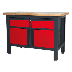 Heavy-duty workbench with 2 drawers, 2 cupboards, and a pegboard. Lockable, stable, and adjustable. 1200x600x865mm. 300kg capacity.