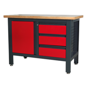 Heavy-duty workbench with 3 drawers and a cupboard. Features a pegboard inside the door. Adjustable feet for stability. Supplied flat-packed with 2 keys. 1200 x 600 x 865mm.