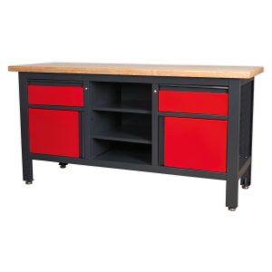 Heavy-duty workbench with drawers, cupboards, shelving, and pegboard. Lockable with adjustable feet. 1690x600x865mm. 300kg capacity.