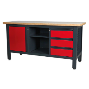 Heavy-duty workbench with 3 drawers, cupboard, pegboard, 2 locking points, adjustable feet. 1690x600x865mm. 300kg capacity. Flat-packed with 2 keys.