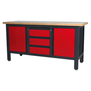 A red and black workbench with drawers, cupboards, pegboard, locking points, adjustable feet, and a 40mm MDF work surface. 1690x600x865mm.
