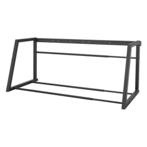 Wall or floor mounting tyre rack for storing various types of tyres. Steel construction with corrosion-resistant powder coated finish. Adjustable width to fit available space. Holds up to 90kg when wall mounted. Overall size: 1680 x 740 x 710mm. Usable wi