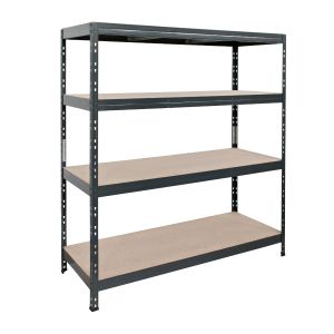 This four-tier black metal shelving unit by SSP® is designed for efficient assembly and can support up to 360kg of weight on its heavy-duty chipboard shelves.
