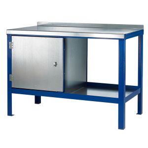 A metal work bench with a blue shelf. Heavy-duty, fully welded construction with galvanized steel worktop. Optional extra items available. 840mm high, 1000kg UDL, 9 color options.