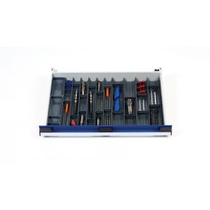 A drawer filled with a variety of tools, including Bott Cubio tough plastic throughs for 650mm wide x 525mm deep drawers (525 x 400 internal). The compartments can be customized for specific tasks.