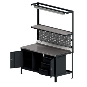Heavy-duty workstation with steel worktop, lockable drawers and cupboard, louvred back-panel, upper steel shelf, LED lighting, and power sockets.